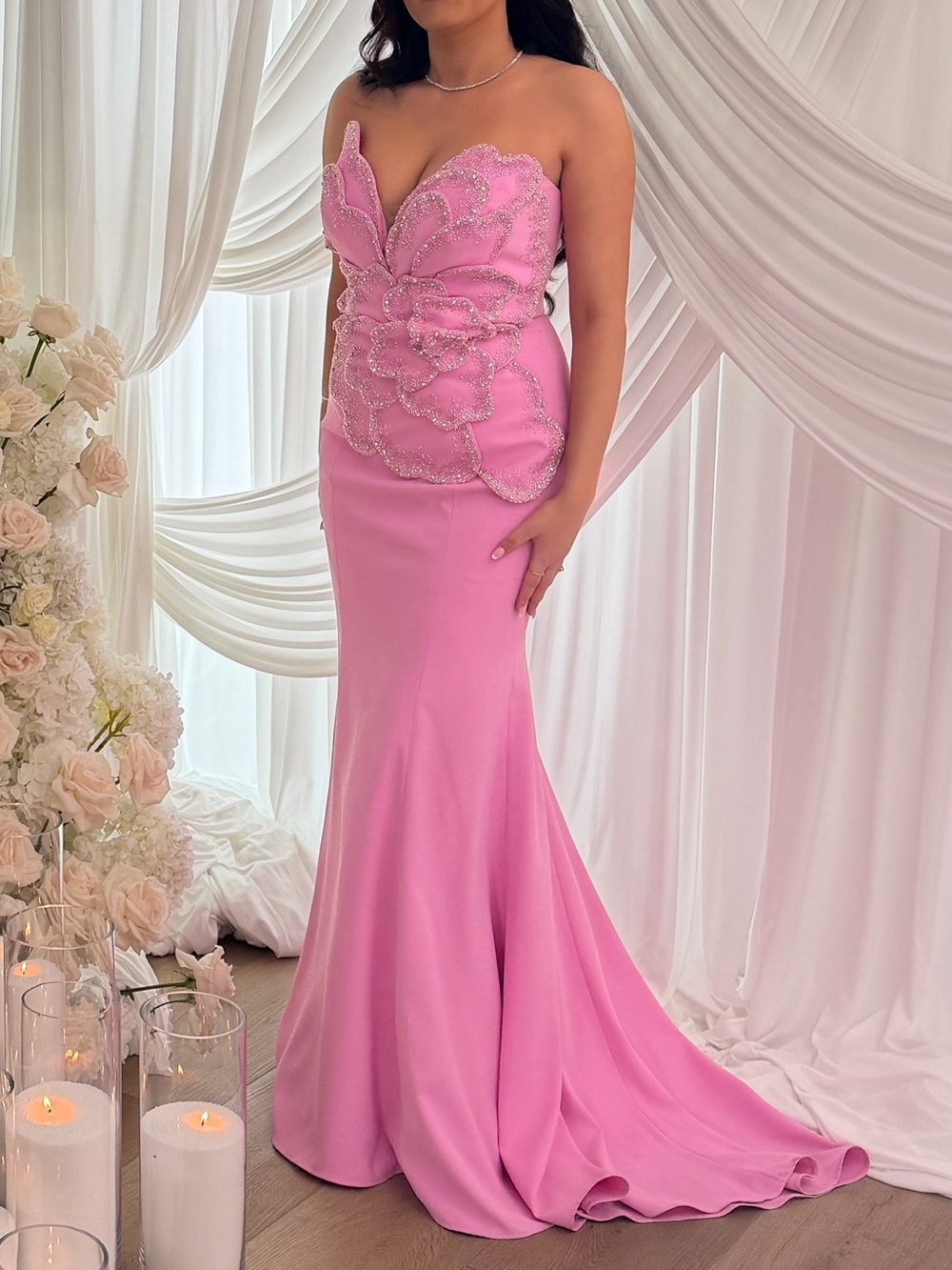 MNM Couture Pink Strapless Beaded Mermaid Gown